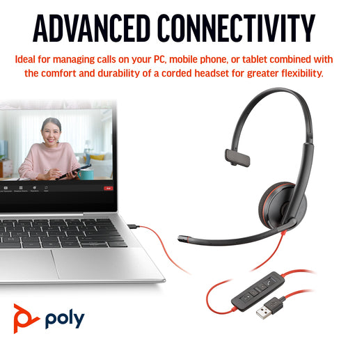 POLY Blackwire 3210 Monaural USB-C Headset +USB-C/A Adapter POLY Blackwire 3210 Monaural USB-C Headset +USB-C/A Adapter